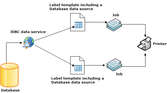 The relationship between a database, a data service, and Database data sources